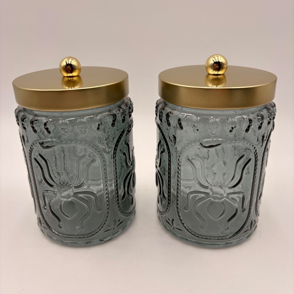 Cook With Color 2pc Glass Canister Set Spider Skull Gothic Gold Lid Halloween